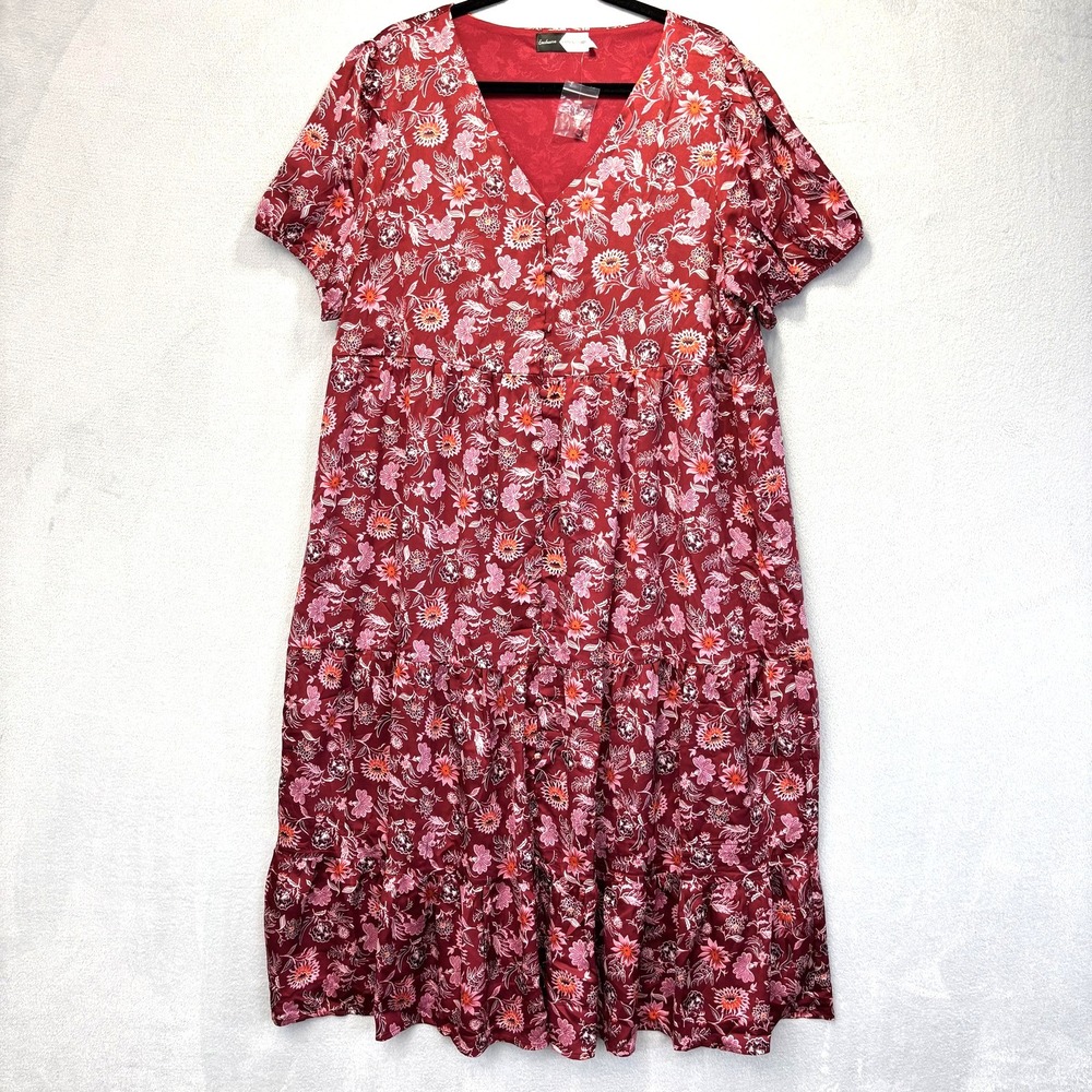 NEW PIPER & SCOOT Button Up Tiered Maxi Dress Womens XXL Red Floral Flowy Picnic